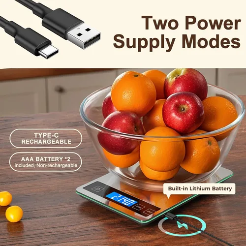 Miniatura 4 de Báscula de cocina digital de 33 lb con acero inoxidable y vidrio templado, recargable por USB, graduación precisa de 1 g / 0.05 oz, superficie