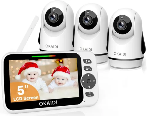 Miniatura 10 de OKAIDI - Monitor de bebé con video y 2 cámaras, pantalla de 5 pulgadas, monitor de bebé sin WiFi, batería de 30H y rango de 300 m, cámara de bebé
