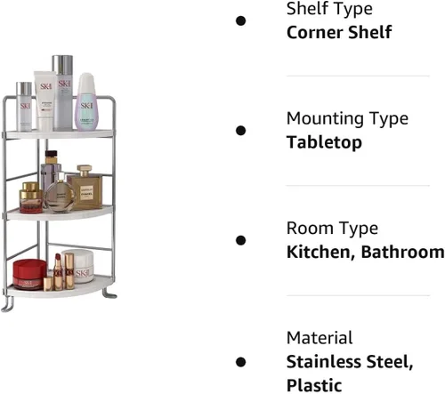 Miniatura 7 de Organizador de esquina de baño de 3 niveles, estante de almacenamiento de maquillaje para el cuidado de la piel, organizador de encimera de Negro