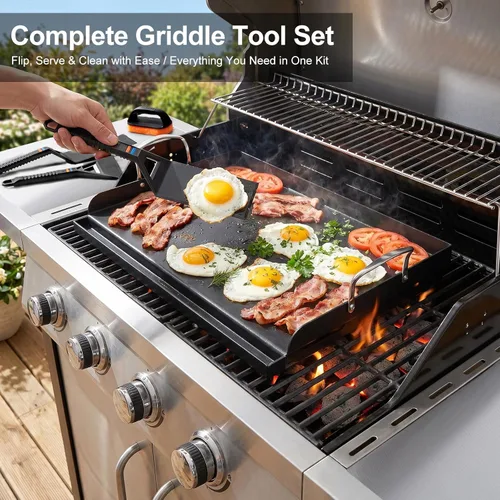 Miniatura 2 de 25" x 16" Cast Iron Griddle for Gas Grill with Silicone Griddle Tool Kit, Pre-Seasoned Grill Griddle for Gas/Charcoal Grills, Flat Top Grill