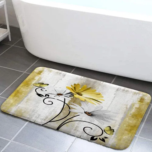 Miniatura 12 de Alfombra de Baño Rústica de Granja, Alfombra de Baño de Madera de Campo con Flores de Margaritas Moradas, Mariposas y Estilo Campestre, Alfombra
