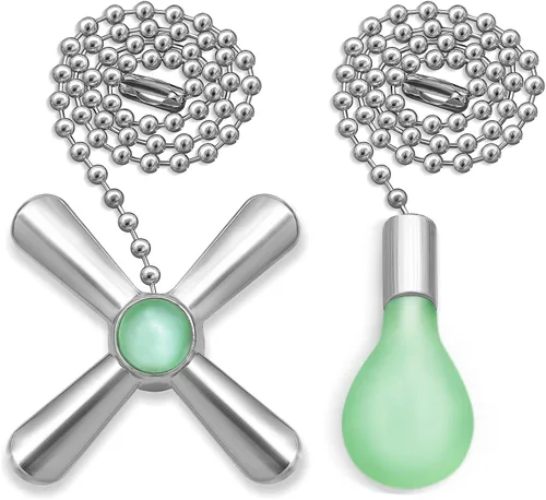 Cadena de tirón para ventilador de techo plateado, juego de 2 piezas, extensión decorativa colgante fluorescente con cuentas de 3 mm de diámetro,