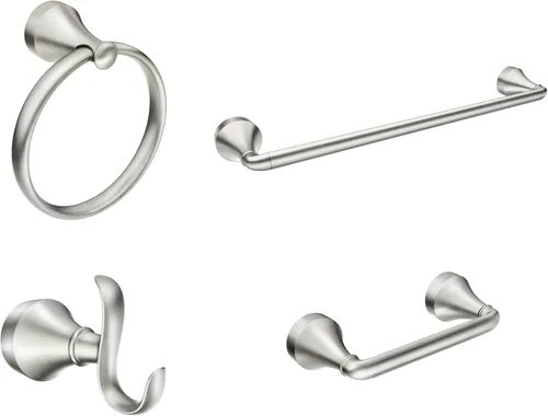 Moen Wellton - Colección de accesorios de baño de 4 piezas de níquel cepillado, incluye anillo para toallas, gancho para bata, barra de toallas y