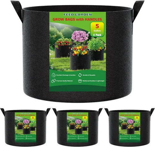 FEED GARDEN Bolsas de cultivo de 5 galones, paquete de 4 – Macetas de tela gruesa no tejida de 10.58 oz con asas reforzadas, macetas de drenaje