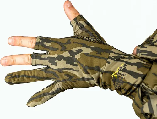 Miniatura 2 de North Mountain Gear Guantes de caza de camuflaje para hombre, sin dedos, forro de guante ligero Mossy Oak Bottomland