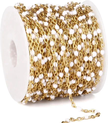Cadenas de esmalte dorado de 33 pies a granel, 2 mm, chapadas en oro de 18 quilates con PVD, acero inoxidable 304, cadena de eslabones con cuentas