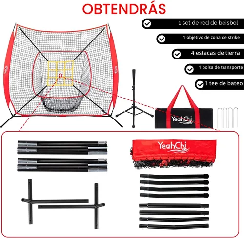 Miniatura 3 de Red de entrenamiento de béisbol y softbol de 7 x 7 pies con camiseta de bateo, objetivo de zona de golpe, juego de práctica portátil de golpeo y Rojo