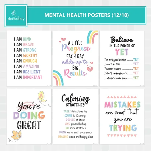 Miniatura 4 de Decorably 18 pósteres de salud mental para niños, 8 x 10 pulgadas, laminado mate, inspirador, decoración de aprendizaje socioemocional – aulas