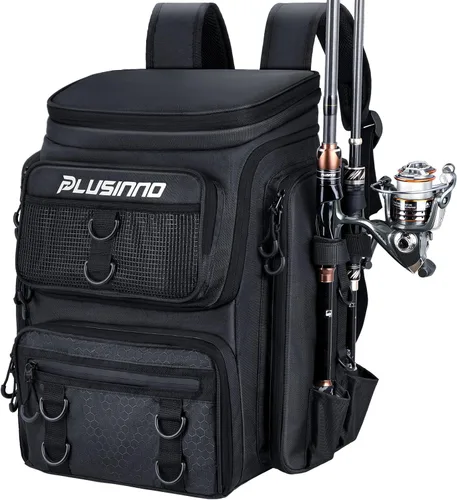 Miniatura 15 de PLUSINNO Mochila de aparejos de pesca con soportes para cañas, 42L resistente al agua bolsa de pesca tienda equipo de pesca, regalos de pescador