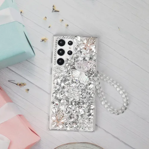 Miniatura 6 de Omio Funda compatible con Samsung Galaxy S22 Ultra Bling con correa de cadena de mano, bonita pulsera de mariposa 3D hecha a mano con purpurina