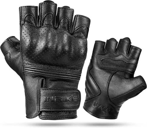 INBIKE - Guantes de motocicleta sin dedos de verano, de piel de cabra transpirable, resistente al desgaste y con nudillos duros