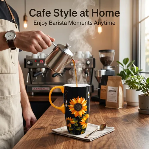 Miniatura 2 de Taza de viaje de cerámica de girasol de Topadorn con tapa y caja de regalo a juego, taza de café latte, 17oz. Hola, sol