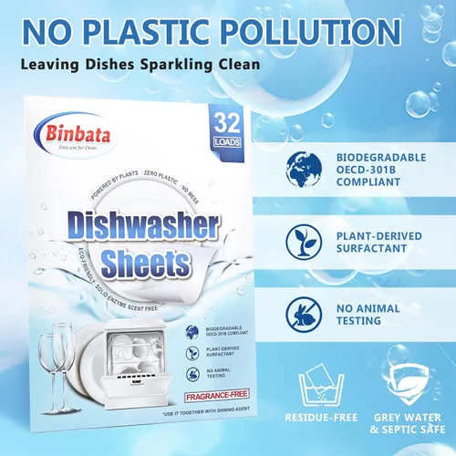 Miniatura 5 de Binbata Hojas de detergente para lavavajillas ecológicas mejoradas hasta 32 cargas, tiras de jabón sin plástico sin perfume con enzima sólida