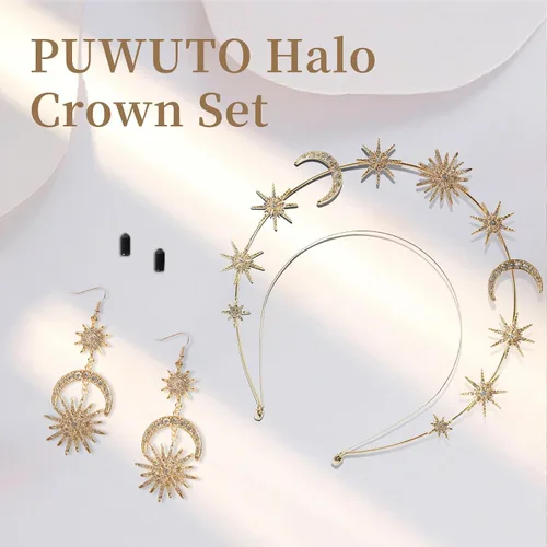 Miniatura 3 de Halo Crown - Stars Crystal Goddess HeadBand with Earrings Mary Metal Halo Headpiece Celestial Crowns Tiaras for Women Bridal Wedding Costume Cosplay
