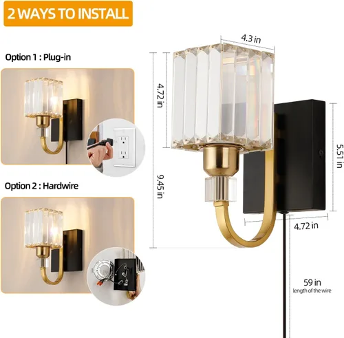 Miniatura 4 de Aplique de pared moderno de cristal con enchufe, lámpara de pared montada en negro dorado, lámpara de tocador enchufable con interruptor