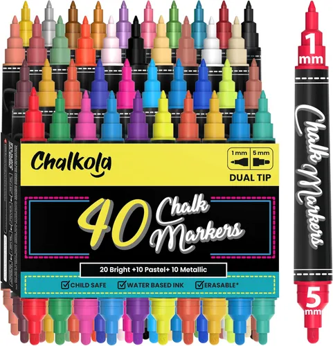 Miniatura 11 de Marcadores de tiza de punta extra fina - (punta de 1 mm, paquete de 40) neón, pastel y metálico Rotuladores de tiza líquida borrables