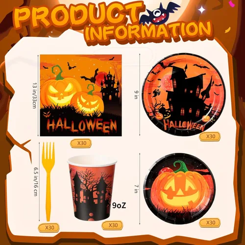 Miniatura 2 de Sliner 180 piezas de suministros para fiesta de Halloween, platos, servilletas, vasos, servir, 30 platos desechables de Halloween, platos de postre