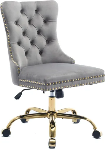 Miniatura 8 de Warmiehomy Silla de oficina con respaldo copetudo, silla de escritorio de terciopelo con base dorada, sillas de maquillaje giratorias de altura