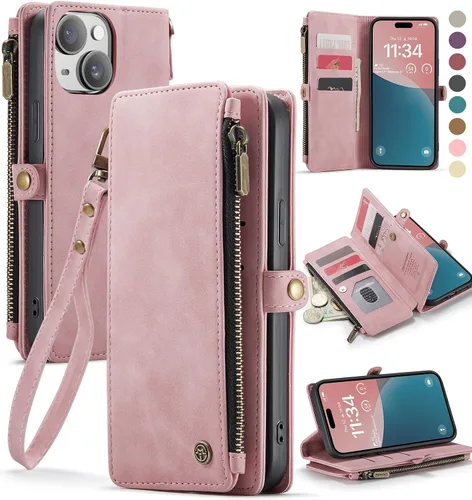Miniatura 18 de Defencase Compatible con iPhone 15 Plus Funda Cartera con Tarjetero de Bloqueo RFID para Mujeres y Hombres, Cuero PU Cierre Magnético Plegable Rojo