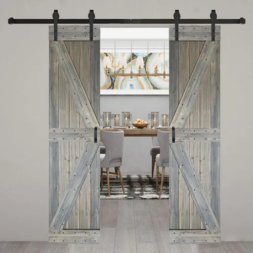 Miniatura 15 de Serie K de 60 x 84 pulgadas (30 x 84 pulgadas x 2 paneles) Puerta corredera clásica de madera maciza con acabado de nogal con riel de herrajes