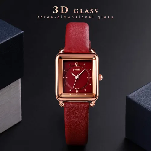 Miniatura 7 de SKMEI Reloj de mujer, elegante reloj de pulsera rectangular de cuero para damas, reloj analógico de cuarzo impermeable para mujer, Rojo-d