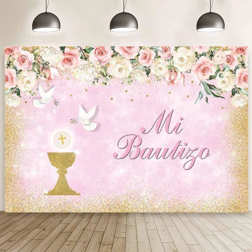 Miniatura 9 de AIBIIN Mi Bautizo - Telón de fondo para niño, cartel de bautizo de palomas de cáliz dorado, fondo para fotografía de bautizo, floral azul, primera