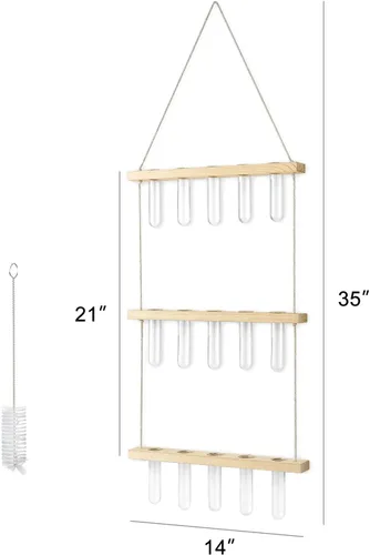 Miniatura 6 de Mkono Terrario para colgar en la pared de 3 niveles con soporte de madera, maceta de vidrio para corte de plantas hidropónicas, decoración de Beige