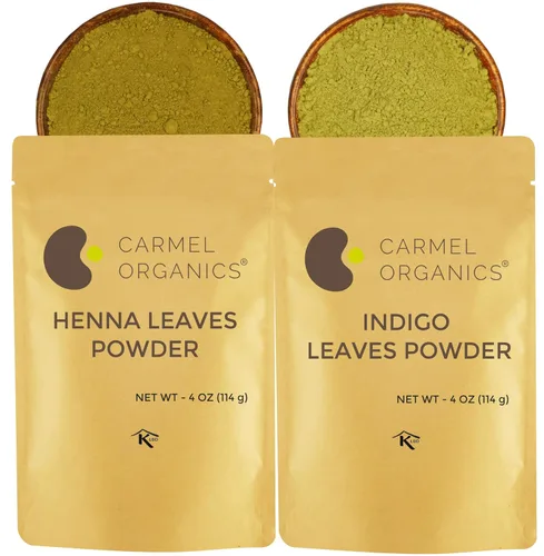 CARMEL ORGANICS Combo de polvo de henna y hojas de índigo para el cabello (4 onzas cada uno) para cabello negro y castaño, sin colores ni productos