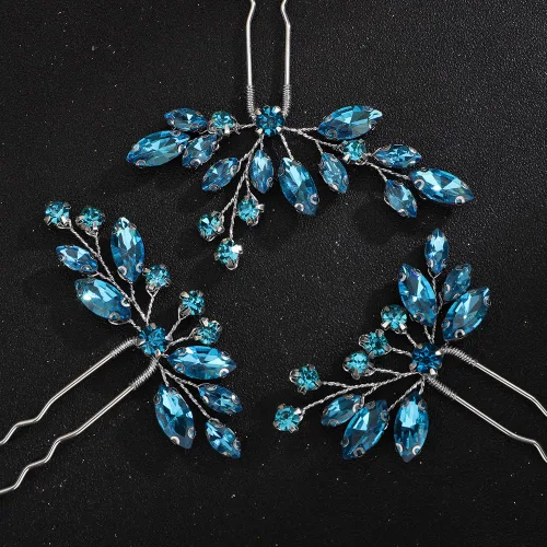 Miniatura 4 de Teyglen Juego de 3 horquillas para el cabello con diamantes de imitación, hechas a mano con cristales para novias, mujeres, niñas (azul lago)