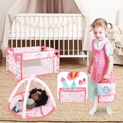 Miniatura 6 de deAO Baby Doll Stroller Nursery Role Play Set Baby Doll Accessories Travel Cot,Foldable Stroller and Travel Bag Birthday for Girls Kids