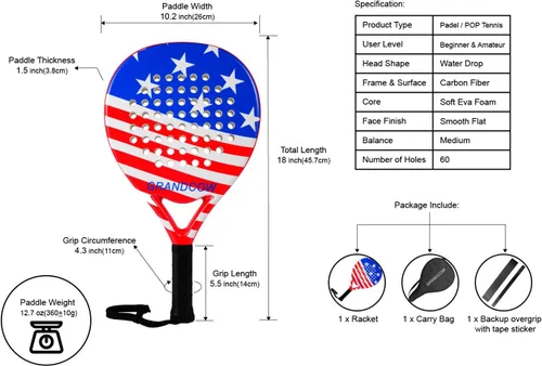 Miniatura 2 de Raqueta de pádel de fibra de carbono Power Lite Pop Tennis Paddle Paddleball raquetas US Flag