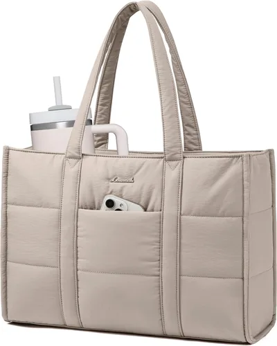 Miniatura 11 de LOVEVOOK Bolsa para laptop para mujer, bolsa de mano acolchada para el trabajo, maletín grande de computadora de 15.6 pulgadas para profesores, Beige