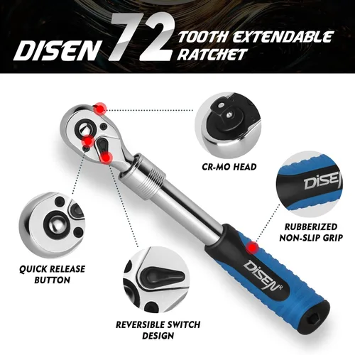 Miniatura 2 de DISEN Juego de 3 Llaves de Trinquete Extensibles, Impulso de 1/4" 3/8" 1/2", 72 Dientes, Liberación Rápida, Llaves de Vaso con Impulso Reversible