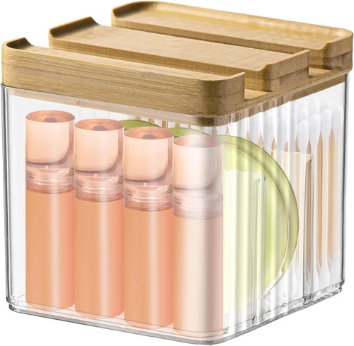 Poeland Organizador de lápiz labial, caja de almacenamiento de escritorio con tapa y divisor, organizador de cosméticos para pintalabios, pequeños
