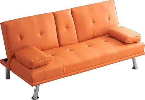 Miniatura 5 de KEIKI Sofá futón plegable de cuero de 67 pulgadas con portavasos y respaldo ajustable, moderno de mediados de siglo, sofá biplaza convertible