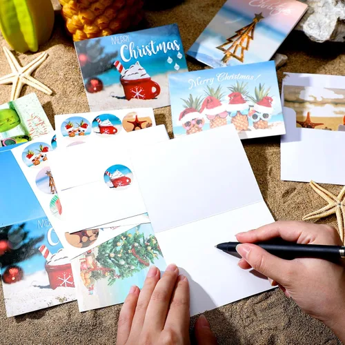 Miniatura 3 de Ctosree 60 juegos de tarjetas de felicitación de Navidad en julio, verano, estilo playa, a granel, con sobres y calcomanías para suministros