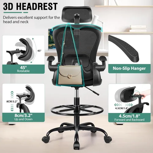 Miniatura 6 de Silla de Dibujo, Silla de Oficina Alta con Soporte Lumbar y para la Cabeza 3D, Silla Ergonómica de Malla para Escritorio de Pie con Reposapiés, Negro