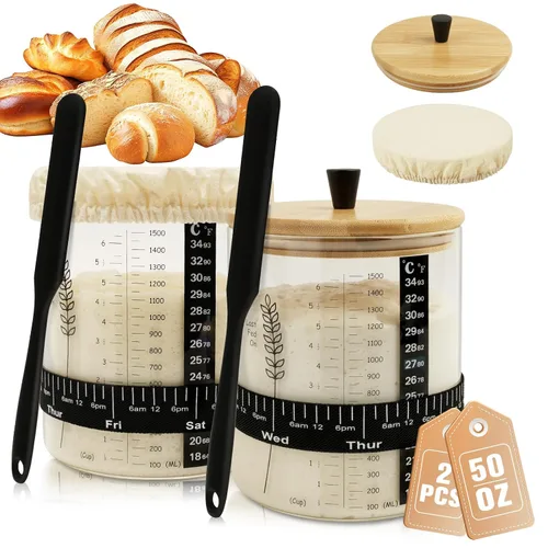 Miniatura 9 de Kit de tarros de masa madre de 50 onzas, recipiente de masa madre de boca ancha, tarro de masa madre de capacidad extra grande para pan de masa