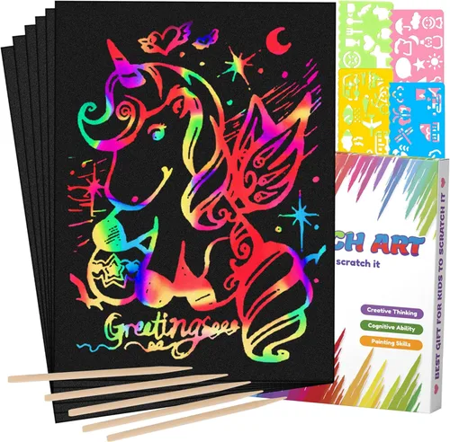 Mocoosy 60 piezas de papel de arte de rayas arcoíris para niños, juego de papel mágico para rascar, suministros de arte y manualidades, almohadillas