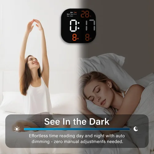 Miniatura 2 de Reloj de pared digital con pantalla LED grande, brillo automático, temperatura, fecha y día de la semana, control remoto, moderno reloj de pared