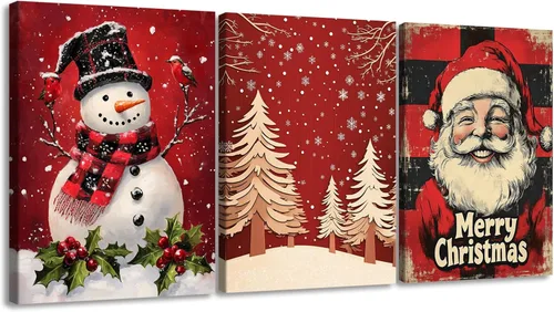 Pennimor Lienzo decorativo para pared de Navidad, juego de 3 marcos de 12 x 16 pulgadas, decoración navideña a cuadros rojos y negros, póster