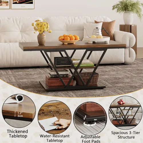 Miniatura 4 de Espelism Mesa de centro industrial con almacenamiento de 3 niveles para sala de estar, mesa rectangular de madera para cóctel, mesa de té rústica