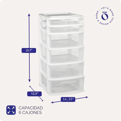 Miniatura 3 de HOMZ Torre de cajones, carrito organizador de almacenamiento de plástico transparente de 6 niveles, marco blanco, cajones organizadores resistentes