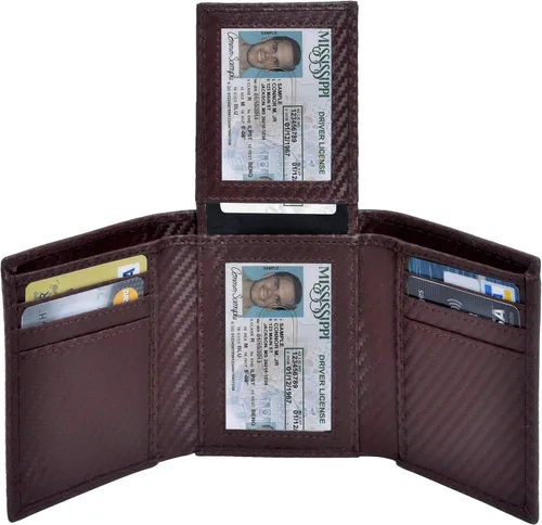 Miniatura 8 de Cartera de cuero RFID hecha a mano para hombres, elegante cartera de bolsillo frontal triple con 2 ranuras para identificación y 9 tarjetas, Negro
