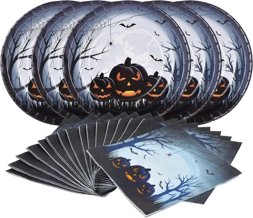 Gatherfun Suministros para fiesta de Halloween, diseño de calabaza negra, desechables, platos de papel grandes de 10 pulgadas y servilletas de papel