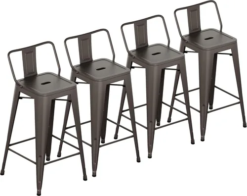 Yongchuang Taburetes de bar de metal de 26 pulgadas con respaldo, juego de 4 taburetes de bar de altura de encimera de cocina para interiores y RUSTY