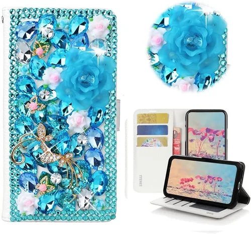 Miniatura 11 de Bling Wallet - Funda de cuero compatible con LG V40 ThinQ - Elegante funda de cuero con diseño de flores de mariposa 3D hecha a mano con cordón