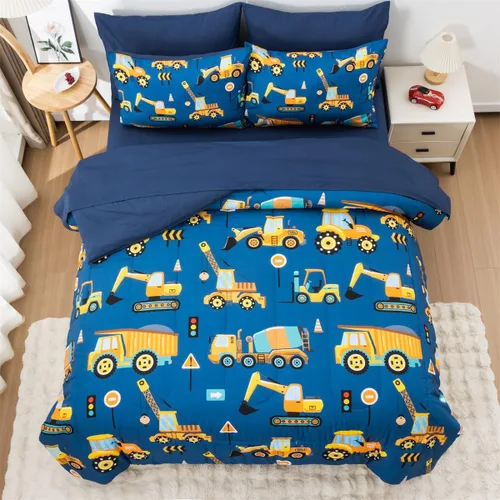 NTBED Juego de edredón individual de 5 piezas con diseño de camión de construcción para niños varones, cama en una bolsa, vehículos excavadora, Azul