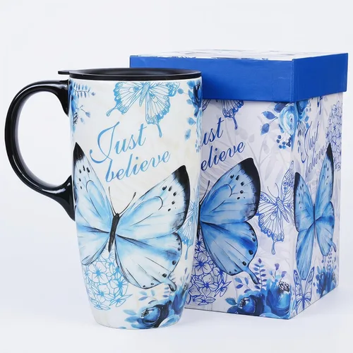 Miniatura 15 de DUSVALLY Taza de café alta de cerámica, juego de regalo de taza de café de amigos, taza de viaje con tapa para oficina y hogar, taza de porcelana