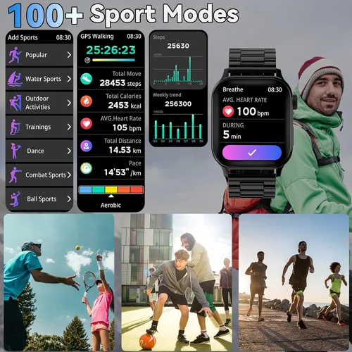 Miniatura 3 de Reloj inteligente para hombres con respuesta/hacer llamadas, pantalla HD de 1.85 pulgadas, reloj rastreador de fitness con resistente al agua, 100